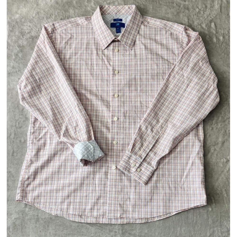 Egara Shirt Mens 2XL Blue Pink Check Flip Cuff Button Up Slim Fit Stretch Casual